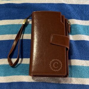 Brown Leather Wristlet Wallet with Monogram C